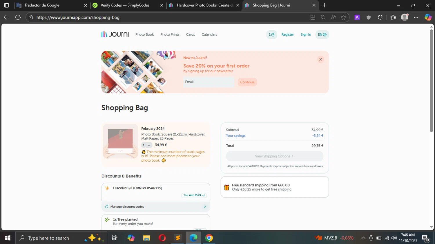 Journi discount code screenshot showing code JOURNIVERSARY15 applied at Journi checkout page. Uploaded by SimplyCodes community member Metal02Truck on Nov 10, 2025