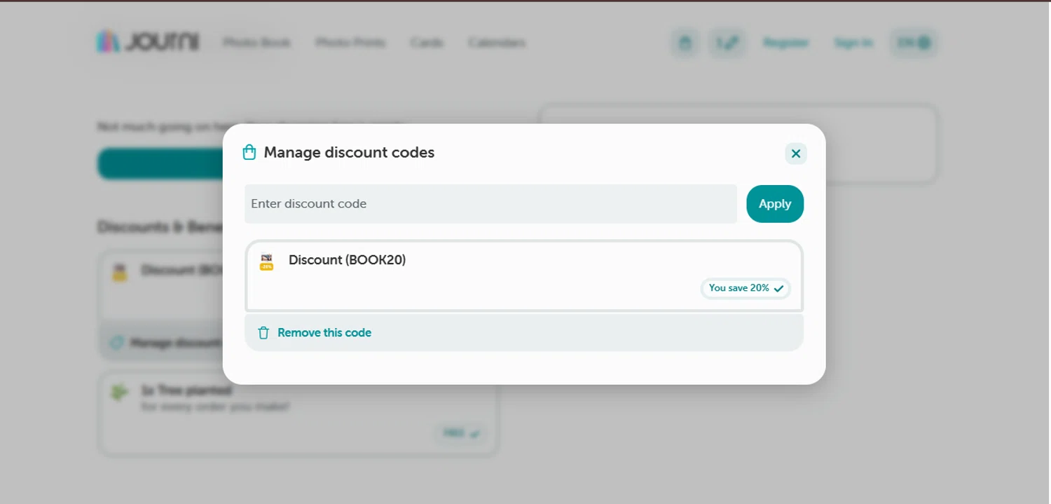 Journi discount code screenshot showing code Book20 applied at Journi checkout page. Uploaded by SimplyCodes community member juanisaac on Oct 12, 2025