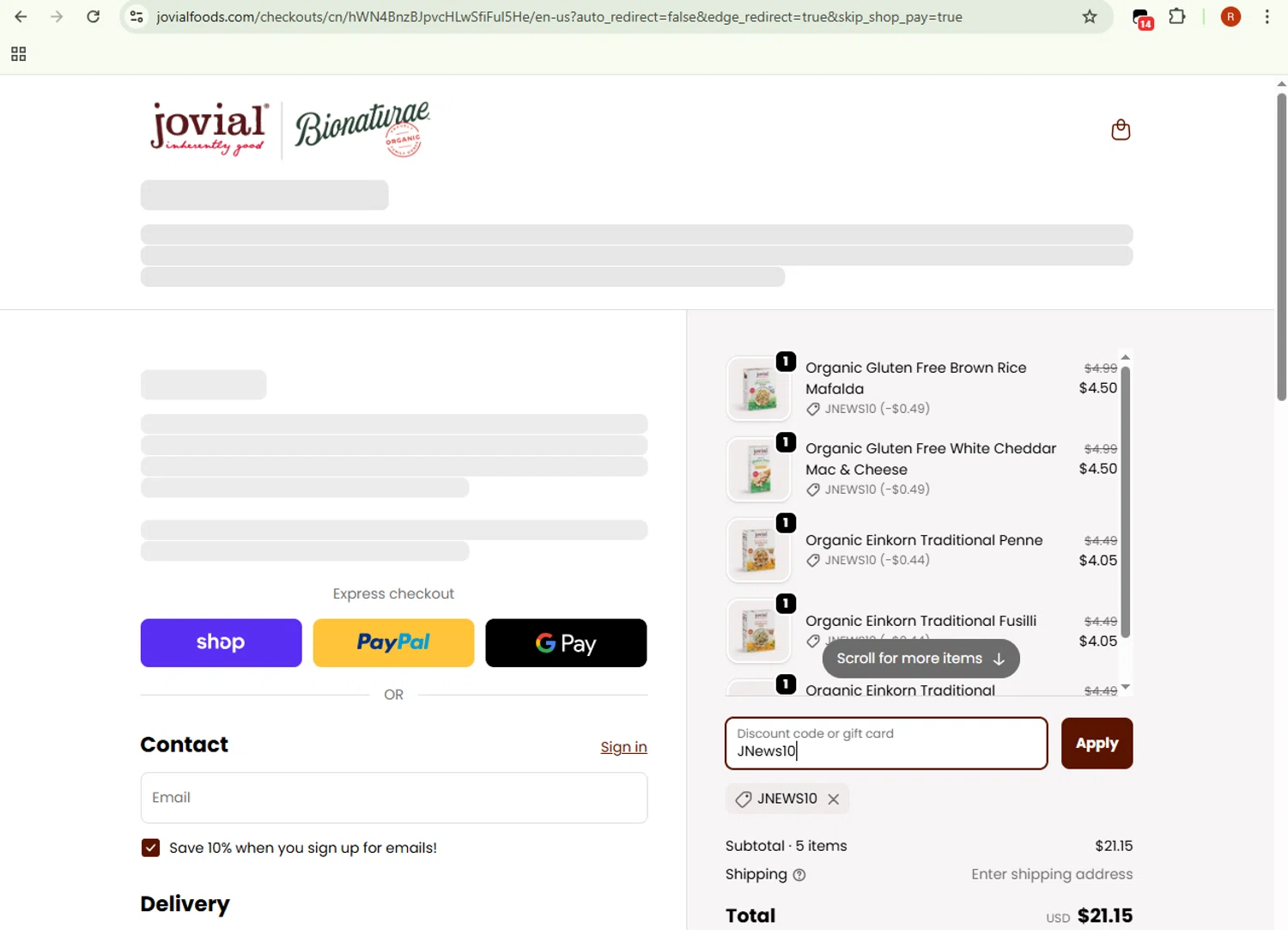 Jovial Foods discount code screenshot showing code JNews10 applied at Jovial Foods checkout page. Uploaded by SimplyCodes community member BrilliantRanger8168 on Oct 16, 2025