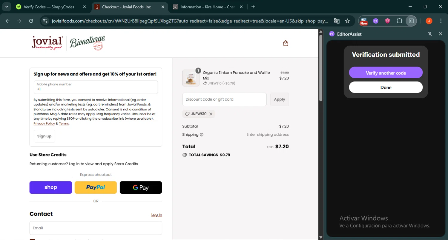 Jovial Foods discount code screenshot showing code JNews10 applied at Jovial Foods checkout page. Uploaded by SimplyCodes community member SilverRanger658 on Sep 2, 2025