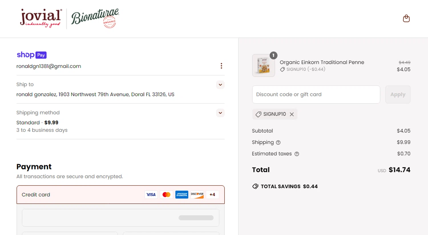 Jovial Foods discount code screenshot showing code SIGNUP10 applied at Jovial Foods checkout page. Uploaded by SimplyCodes community member Josecaste on May 18, 2025