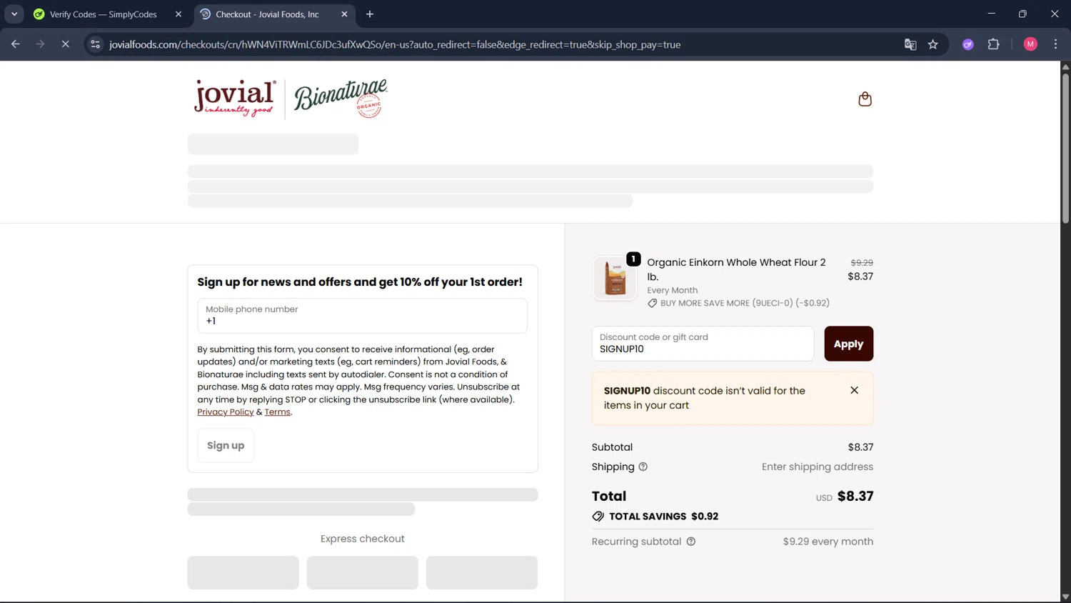 Jovial Foods discount code screenshot showing code SIGNUP10 applied at Jovial Foods checkout page. Uploaded by SimplyCodes community member ValueCollector4159 on Oct 25, 2025