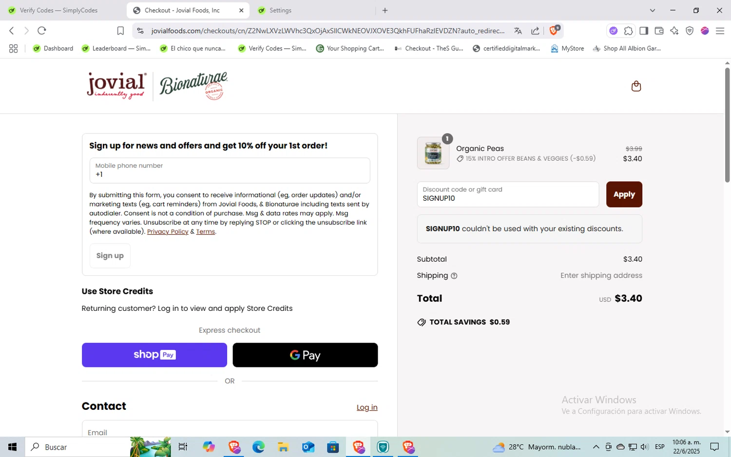 Jovial Foods discount code screenshot showing code SIGNUP10 applied at Jovial Foods checkout page. Uploaded by SimplyCodes community member Rayyyyyy on Jun 22, 2025