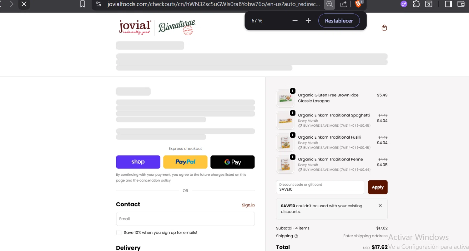 Jovial Foods discount code screenshot showing code SAVE10 applied at Jovial Foods checkout page. Uploaded by SimplyCodes community member GloriousTitan3094 on Oct 29, 2025