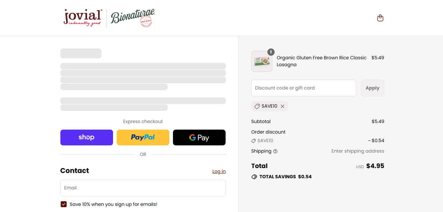 Jovial Foods discount code screenshot showing code SAVE10 applied at Jovial Foods checkout page. Uploaded by SimplyCodes community member xHRxUltrax on Sep 2, 2025