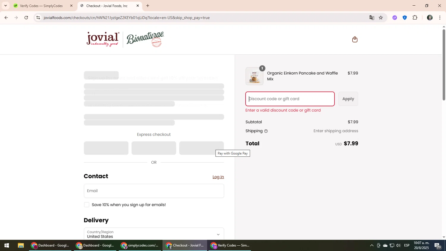 Jovial Foods discount code screenshot showing code BOGOEPM applied at Jovial Foods checkout page. Uploaded by SimplyCodes community member CleverLynx6871 on Aug 20, 2025