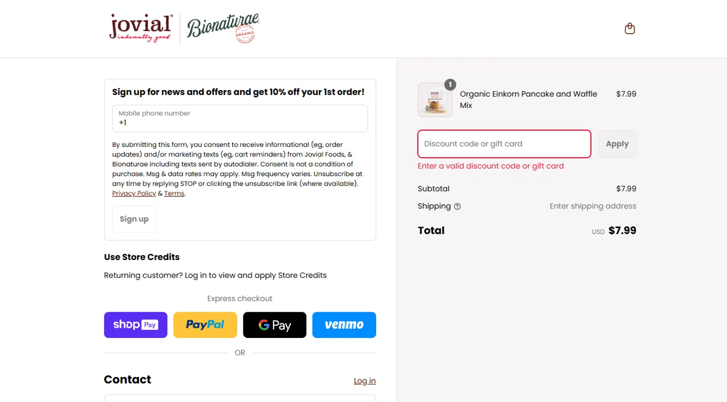 Jovial Foods discount code screenshot showing code BOGOEPM applied at Jovial Foods checkout page. Uploaded by SimplyCodes community member Marboroooooooooooo on Aug 20, 2025