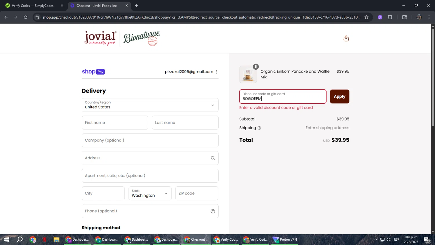 Jovial Foods discount code screenshot showing code BOGOEPM applied at Jovial Foods checkout page. Uploaded by SimplyCodes community member xxdddd on Aug 20, 2025