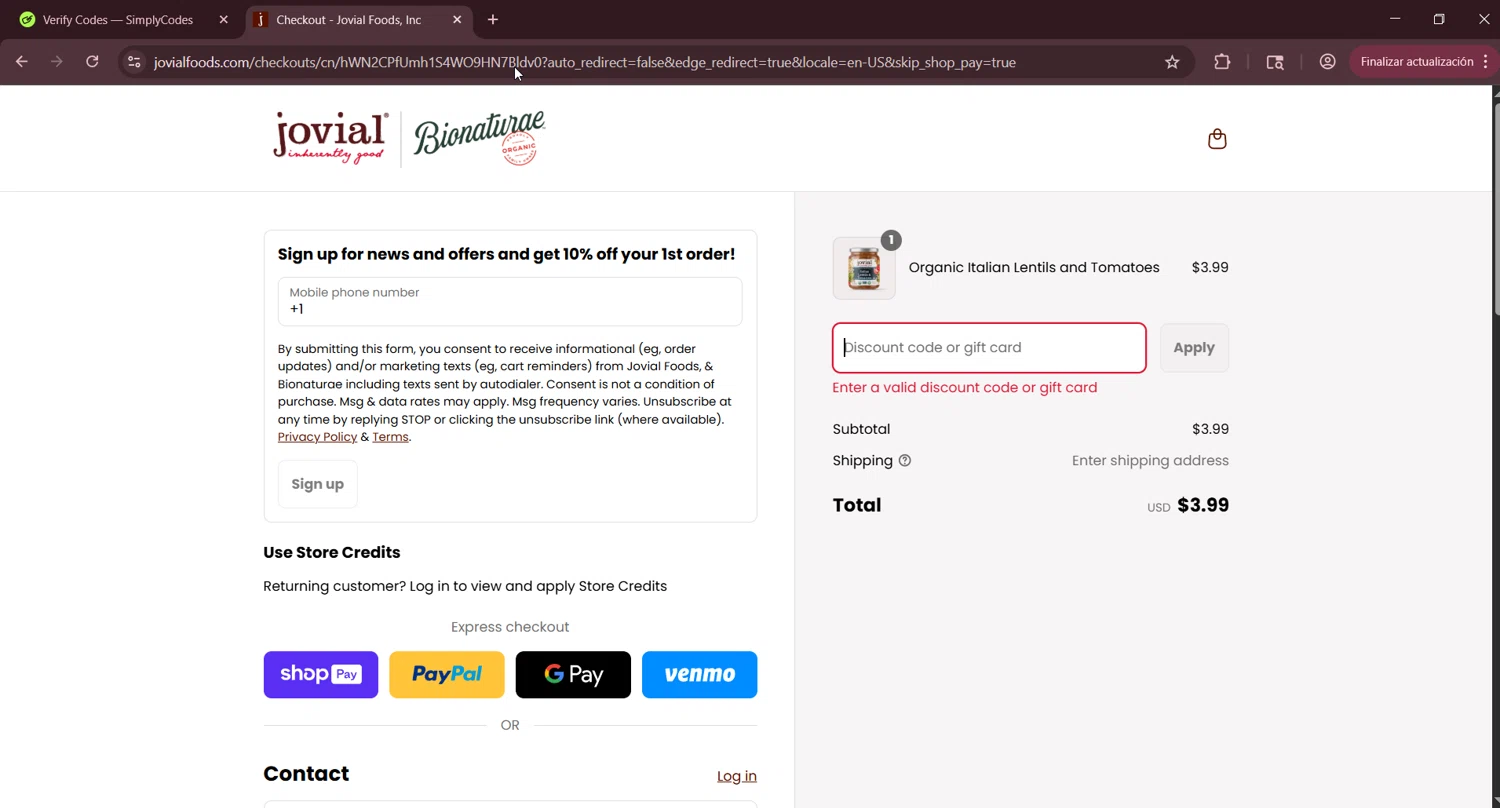Jovial Foods discount code screenshot showing code SPEND99FB applied at Jovial Foods checkout page. Uploaded by SimplyCodes community member LuckyNavigator1490 on Aug 25, 2025