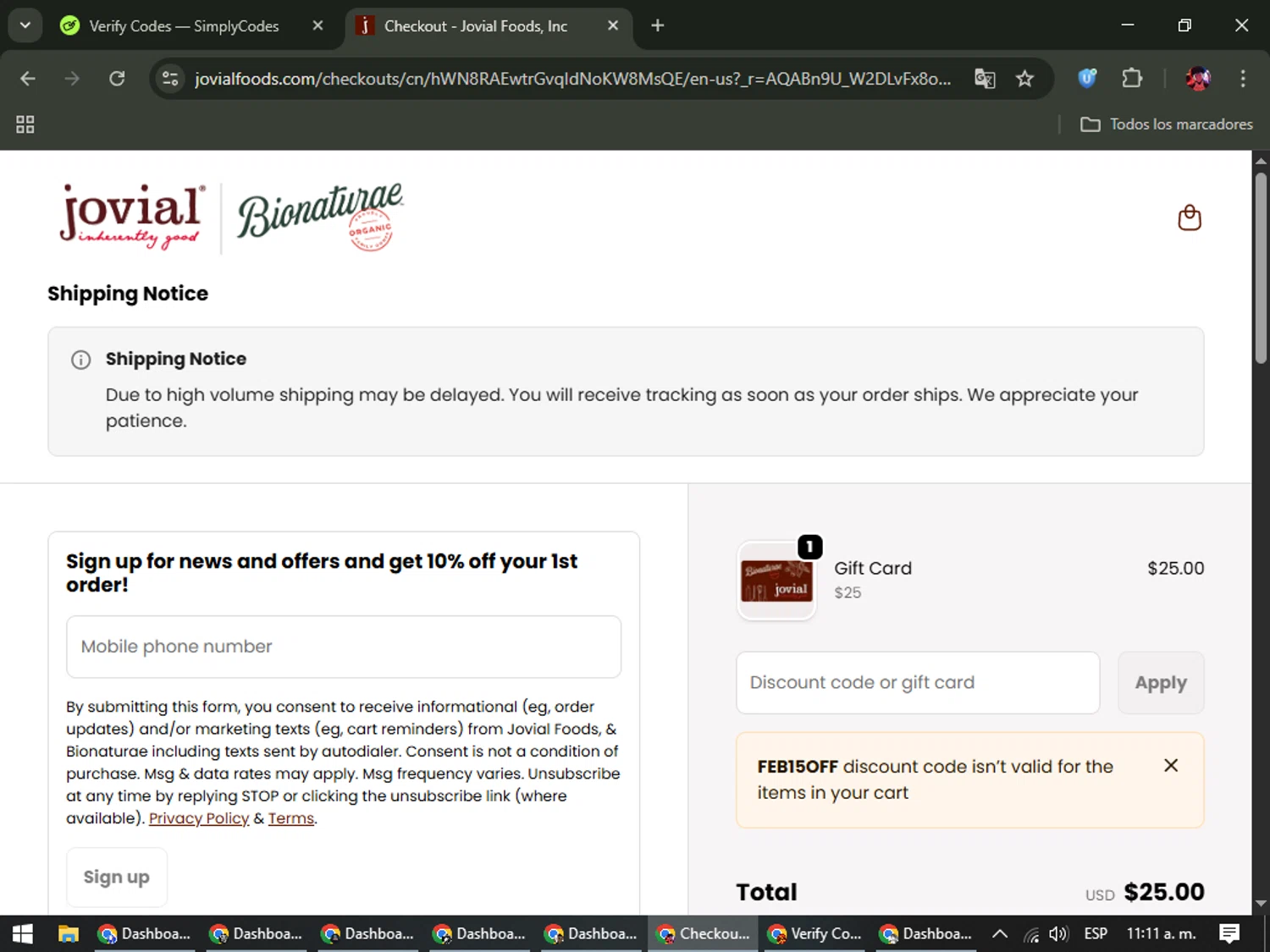 Jovial Foods checkout page showing Jovial Foods discount code box | Screenshot taken by SimplyCodes community member on Feb 5, 2026