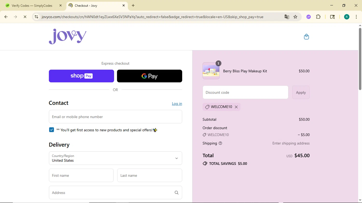 Jovy promo code screenshot showing code WELCOME10 applied at Jovy checkout page. Uploaded by SimplyCodes community member BargainMonarch6495 on Jul 15, 2025