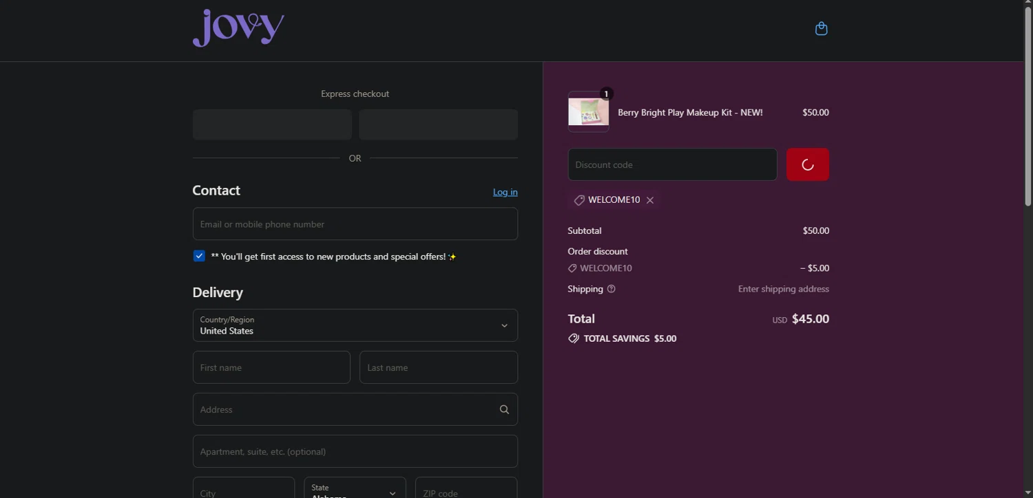 Jovy promo code screenshot showing code WELCOME10 applied at Jovy checkout page. Uploaded by SimplyCodes community member Nor_man on Aug 18, 2025