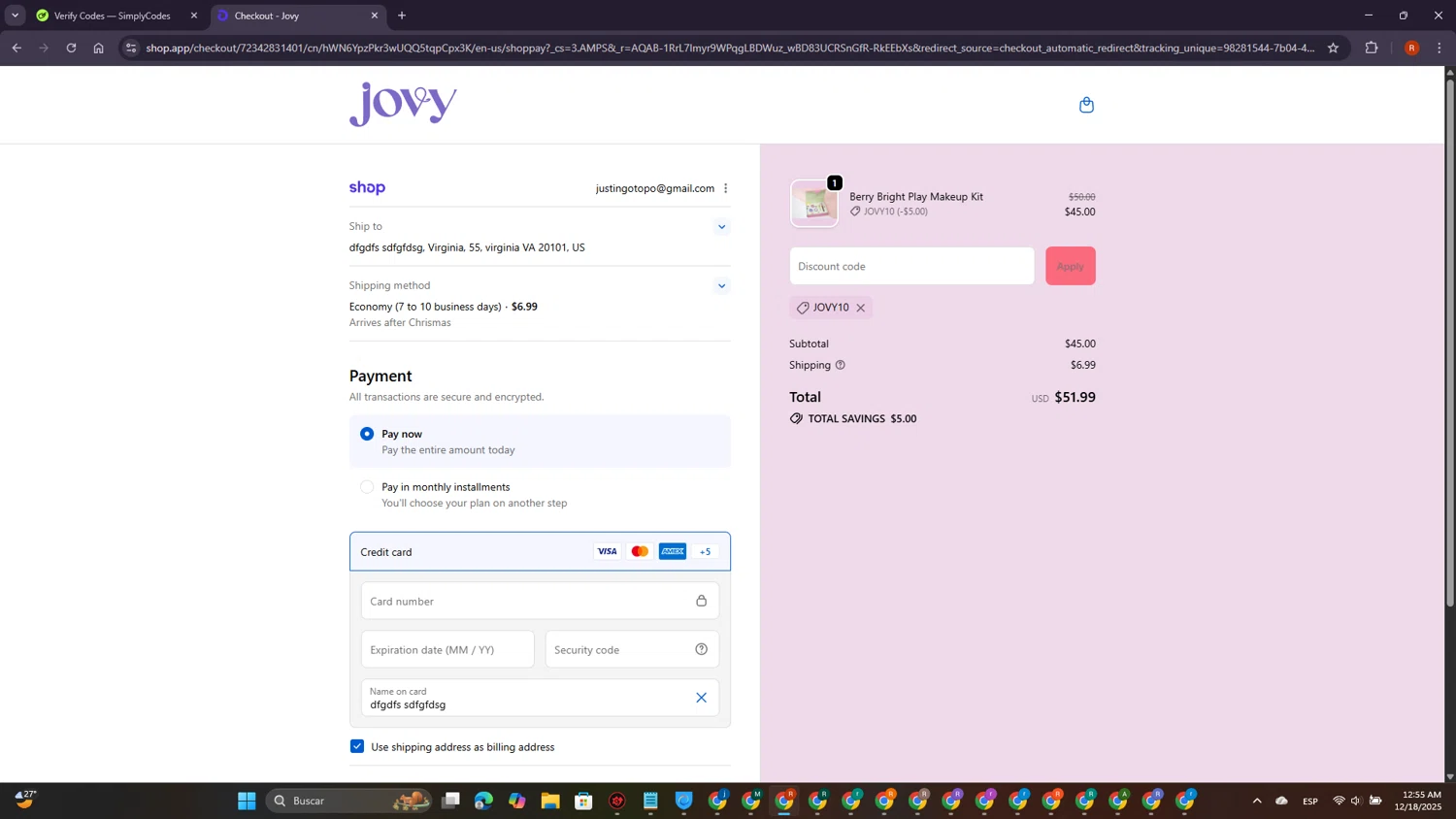 Jovy promo code screenshot showing code JOVY10 applied at Jovy checkout page. Uploaded by SimplyCodes community member MagnificentExpert2705 on Dec 18, 2025