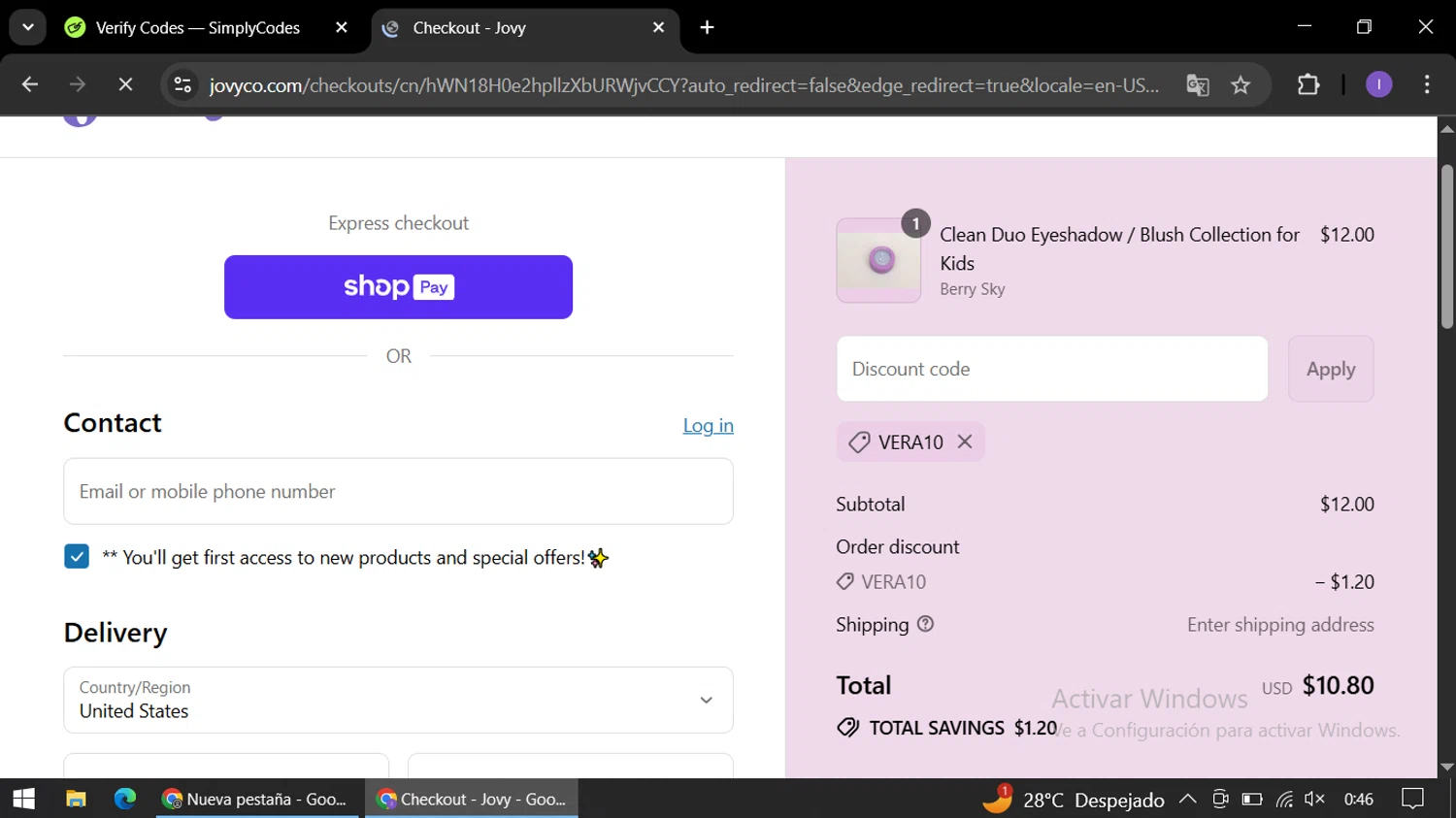 Jovy promo code screenshot showing code VERA10 applied at Jovy checkout page. Uploaded by SimplyCodes community member AGP44456545 on Jul 28, 2025