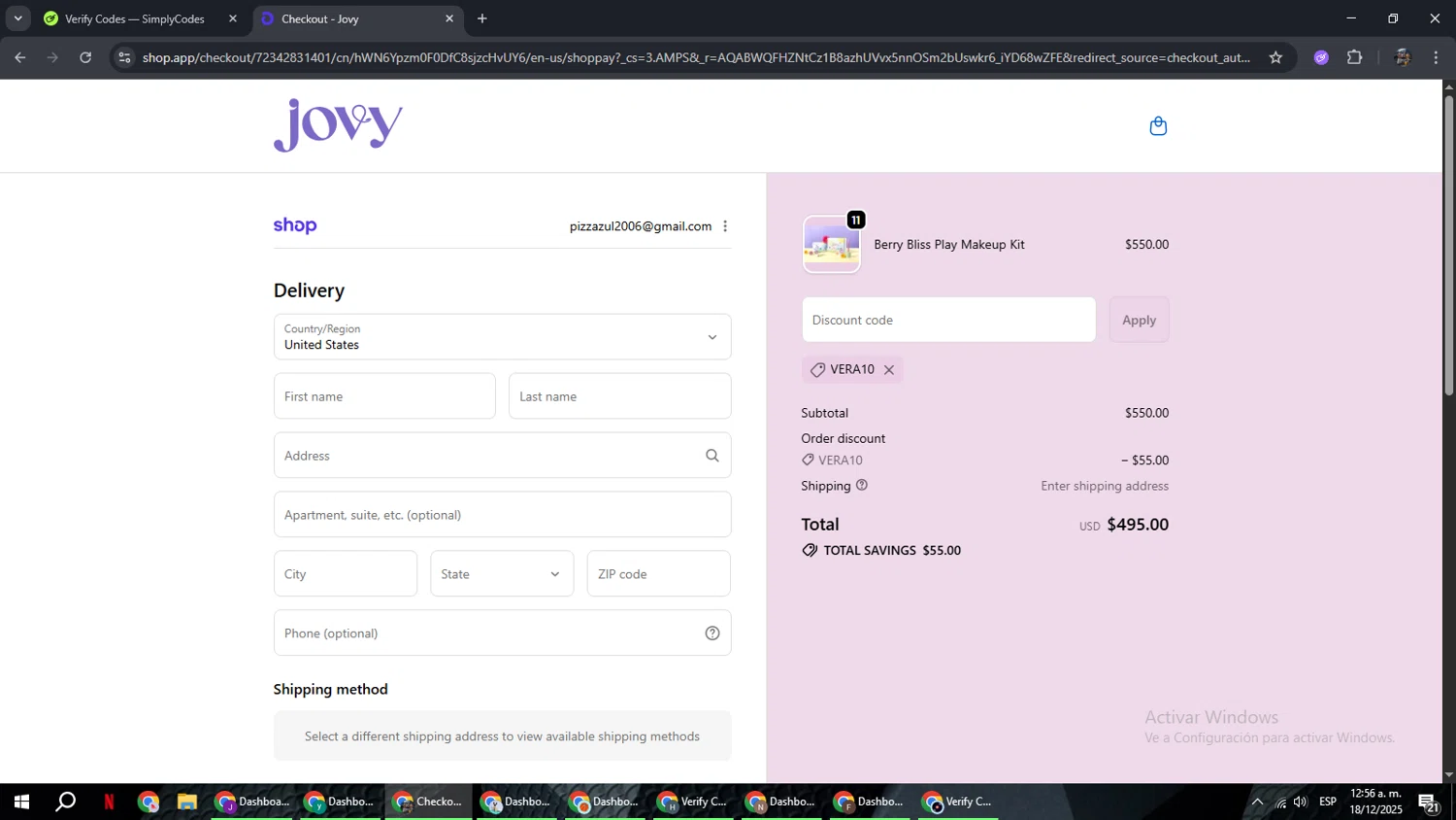Jovy promo code screenshot showing code VERA10 applied at Jovy checkout page. Uploaded by SimplyCodes community member xxdddd on Dec 18, 2025