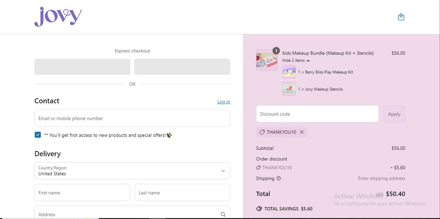 Jovy promo code screenshot showing code thankyou10 applied at Jovy checkout page. Uploaded by SimplyCodes community member GoldSeeker7901 on Jun 16, 2025