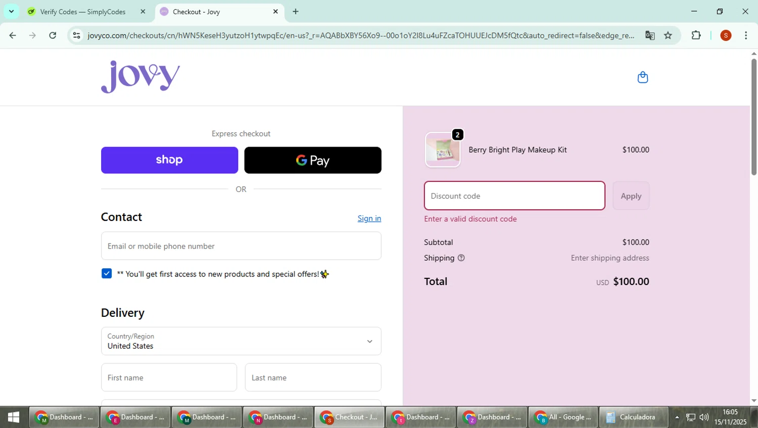 Jovy promo code screenshot showing code thankyou15 applied at Jovy checkout page. Uploaded by SimplyCodes community member CleverTiger4265 on Nov 15, 2025
