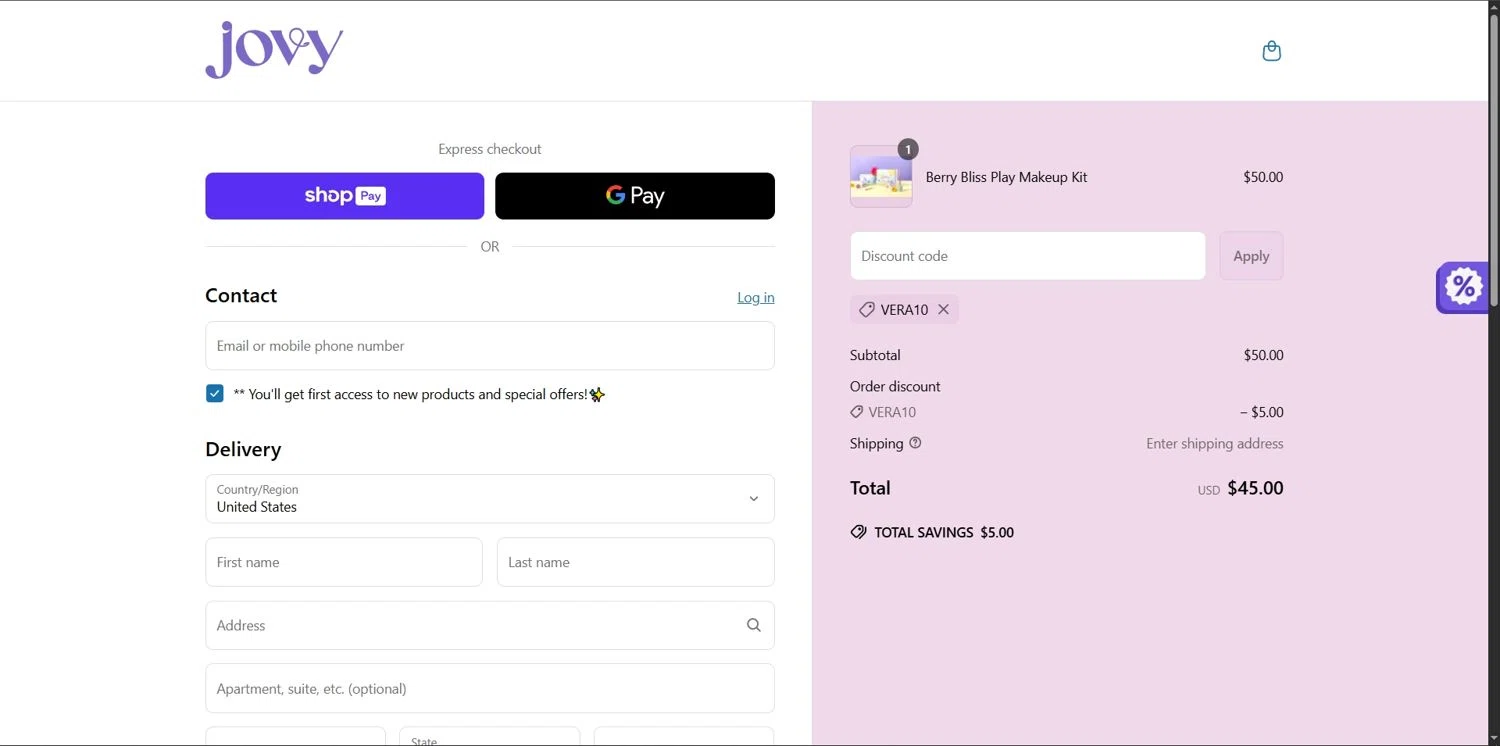 Jovy promo code screenshot showing code VERA10 applied at Jovy checkout page. Uploaded by SimplyCodes community member Depressive on May 29, 2025