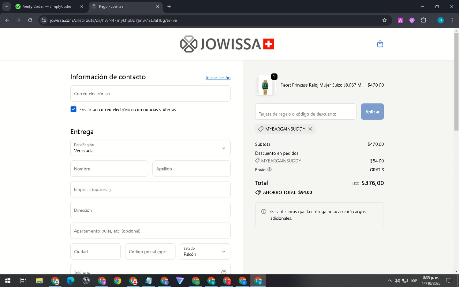 Jowissa promo code screenshot showing code MYBARGAINBUDDY applied at Jowissa checkout page. Uploaded by SimplyCodes community member DiscountGenius5394 on Oct 15, 2025