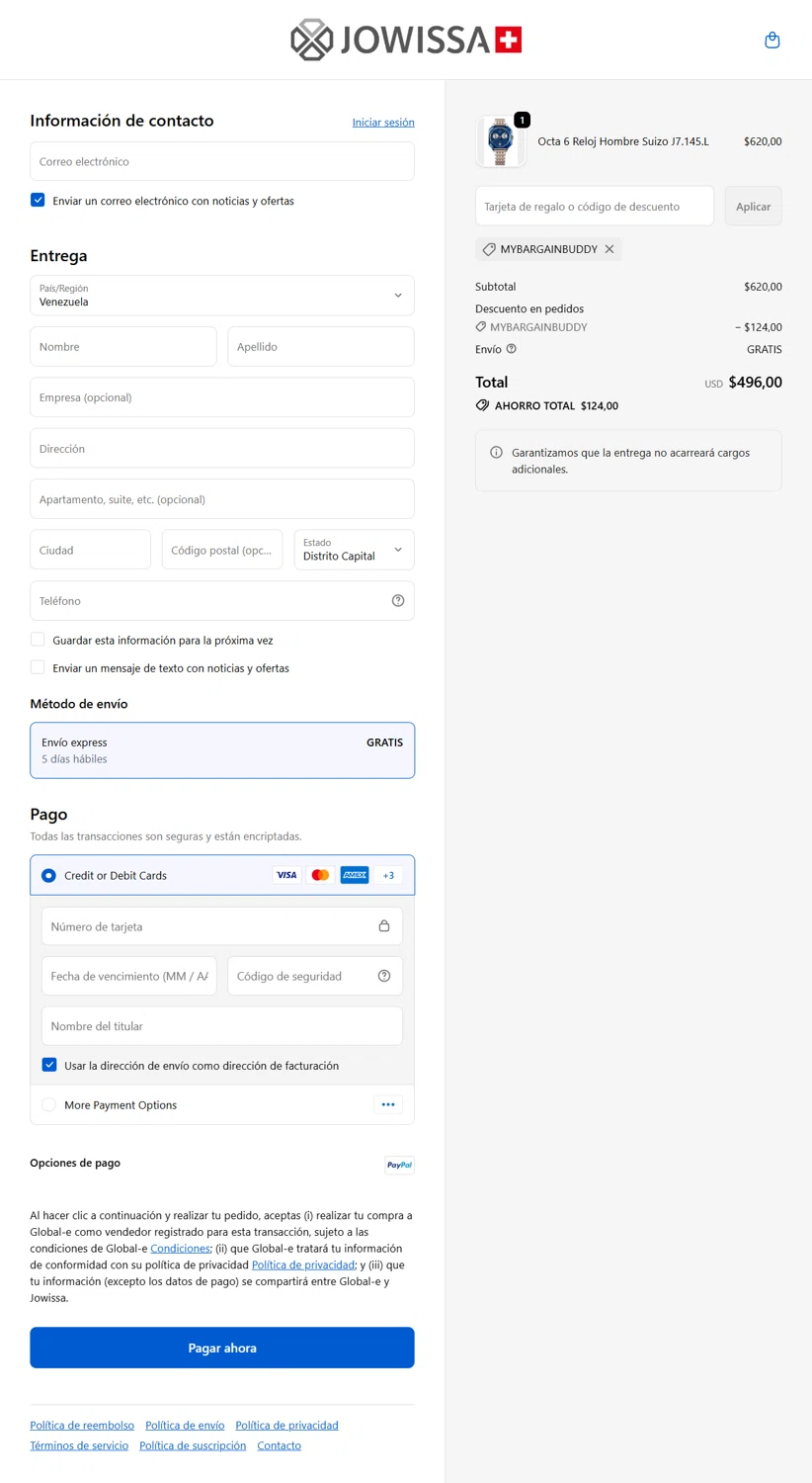 Jowissa promo code screenshot showing code MYBARGAINBUDDY applied at Jowissa checkout page. Uploaded by SimplyCodes community member Rossimar on Oct 3, 2025