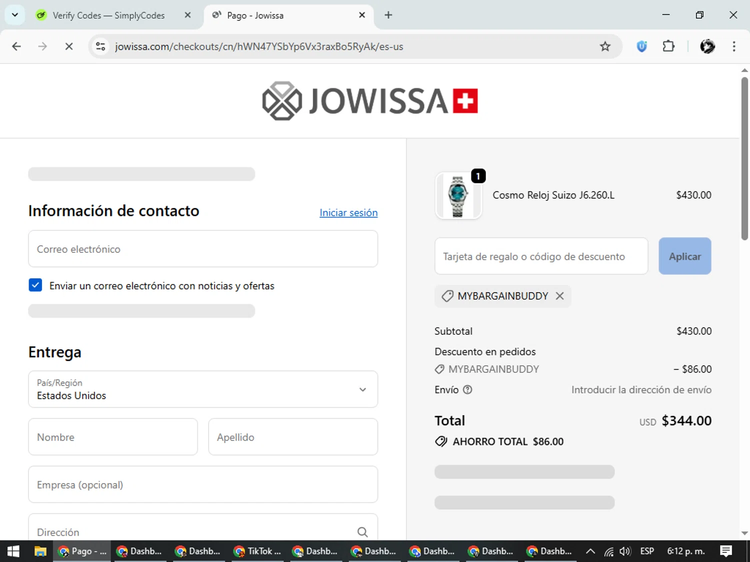 Jowissa promo code screenshot showing code MYBARGAINBUDDY applied at Jowissa checkout page. Uploaded by SimplyCodes community member SavvyChaser6563 on Oct 14, 2025