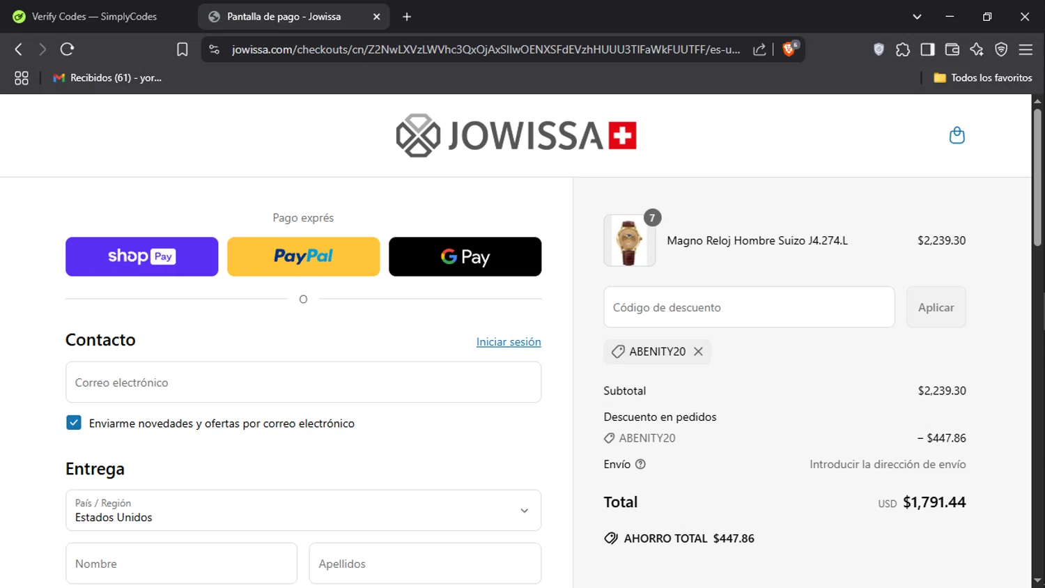 Jowissa promo code screenshot showing code ABENITY20 applied at Jowissa checkout page. Uploaded by SimplyCodes community member Gyutaro on Apr 4, 2025