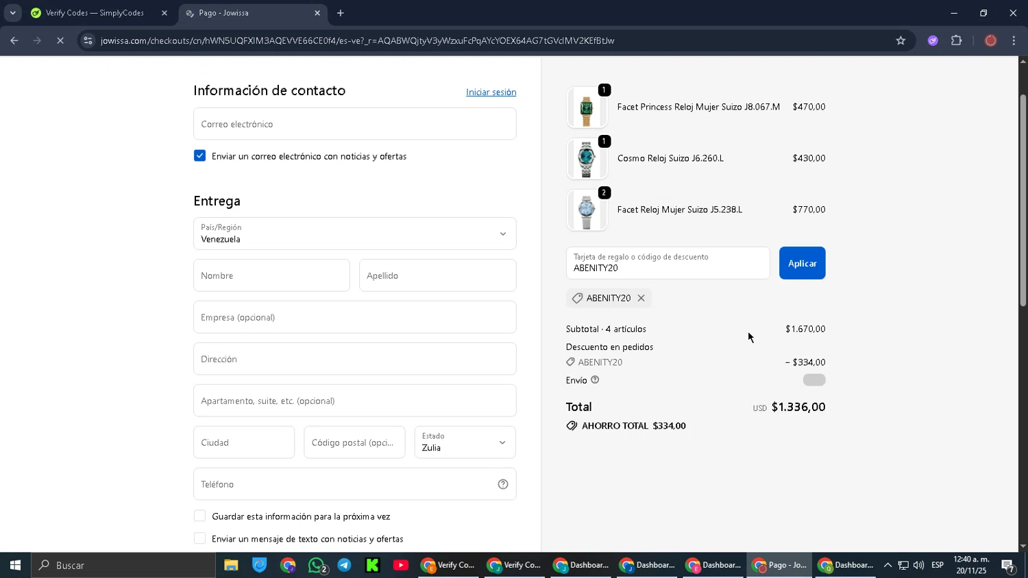 Jowissa promo code screenshot showing code ABENITY20 applied at Jowissa checkout page. Uploaded by SimplyCodes community member PromoScout8746 on Nov 19, 2025
