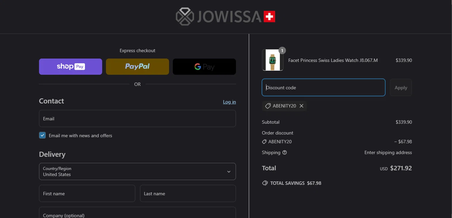 Jowissa promo code screenshot showing code ABENITY20 applied at Jowissa checkout page. Uploaded by SimplyCodes community member jupitera on Apr 4, 2025