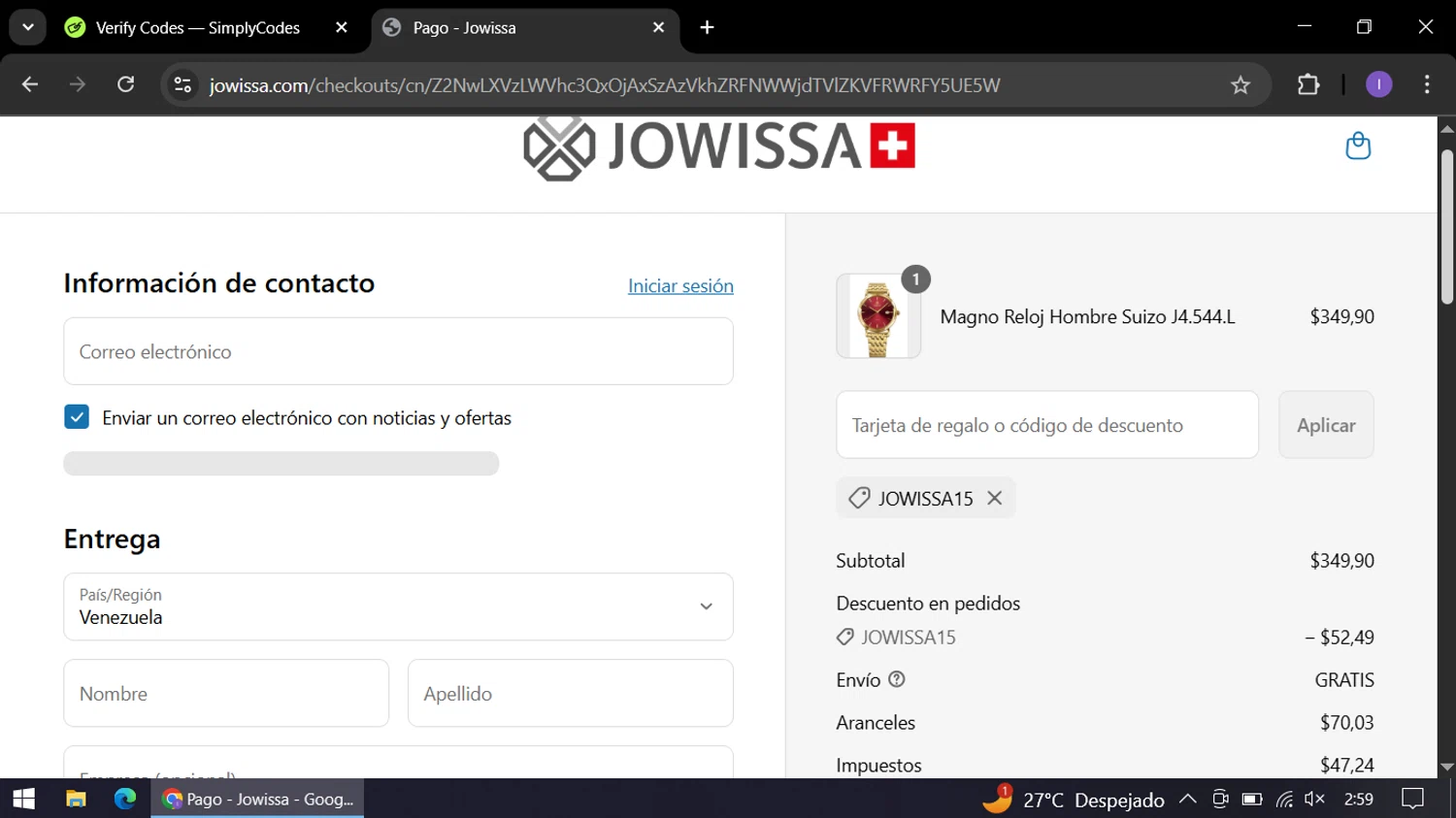 Jowissa promo code screenshot showing code JOWISSA15 applied at Jowissa checkout page. Uploaded by SimplyCodes community member AGP44456545 on Jul 14, 2025