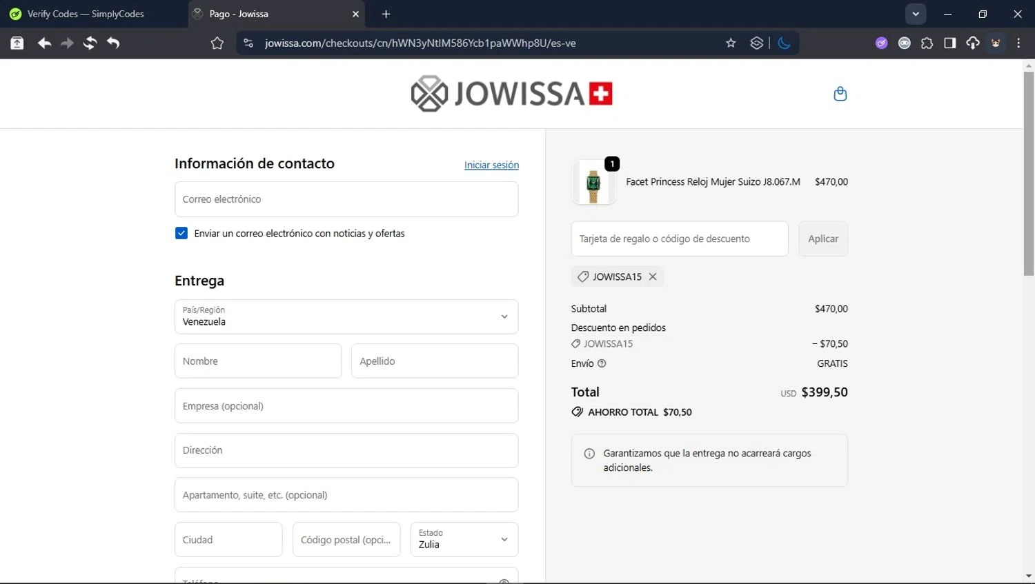 Jowissa promo code screenshot showing code JOWISSA15 applied at Jowissa checkout page. Uploaded by SimplyCodes community member LegendaryCollector6259 on Oct 11, 2025