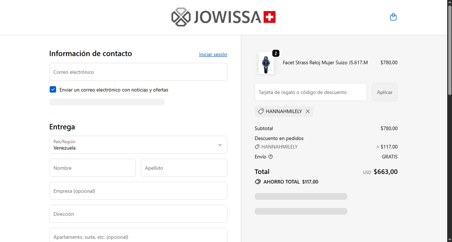 Jowissa promo code screenshot showing code HANNAHMILELY applied at Jowissa checkout page. Uploaded by SimplyCodes community member Omega77 on Nov 14, 2025