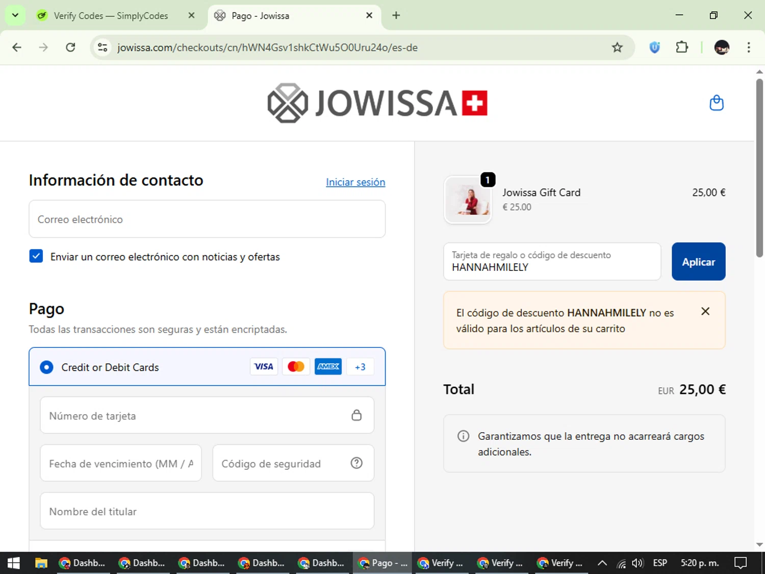 Jowissa promo code screenshot showing code HANNAHMILELY applied at Jowissa checkout page. Uploaded by SimplyCodes community member WonderCurator791 on Oct 18, 2025