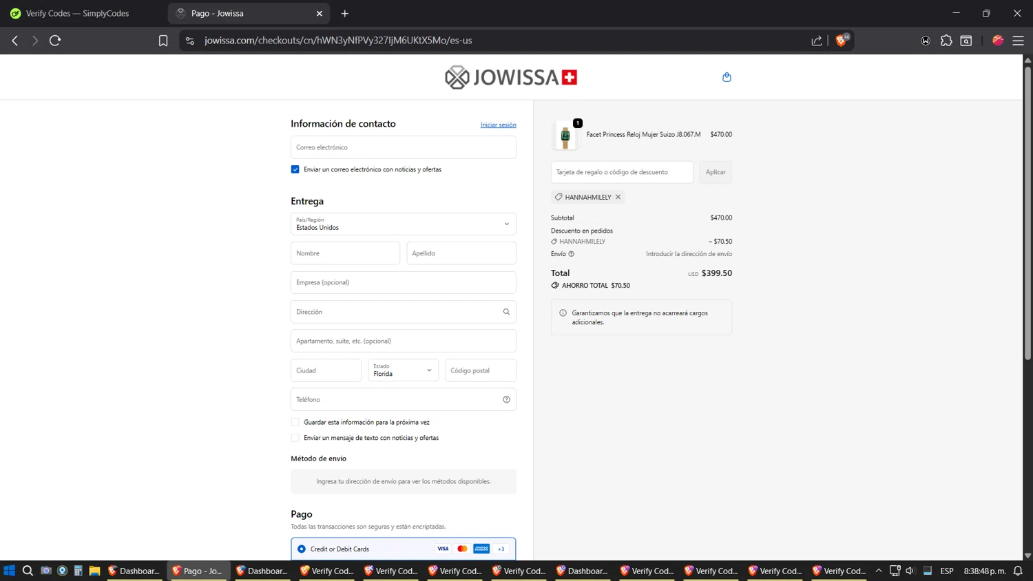 Jowissa promo code screenshot showing code HANNAHMILELY applied at Jowissa checkout page. Uploaded by SimplyCodes community member verifier_983798000 on Oct 11, 2025