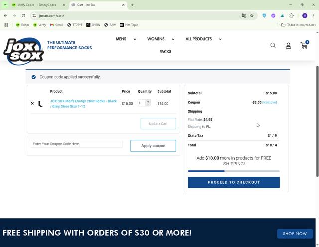 Jox Sox checkout page showing Jox Sox promo code box | Screenshot taken by SimplyCodes community member on Aug 6, 2025