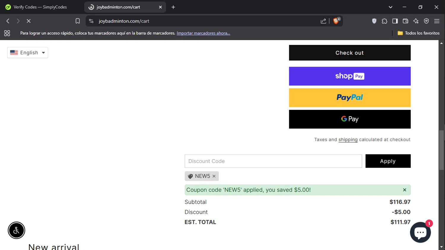 Joy Badminton discount code screenshot showing code new5 applied at Joy Badminton checkout page. Uploaded by SimplyCodes community member Gyutaro on Apr 2, 2025