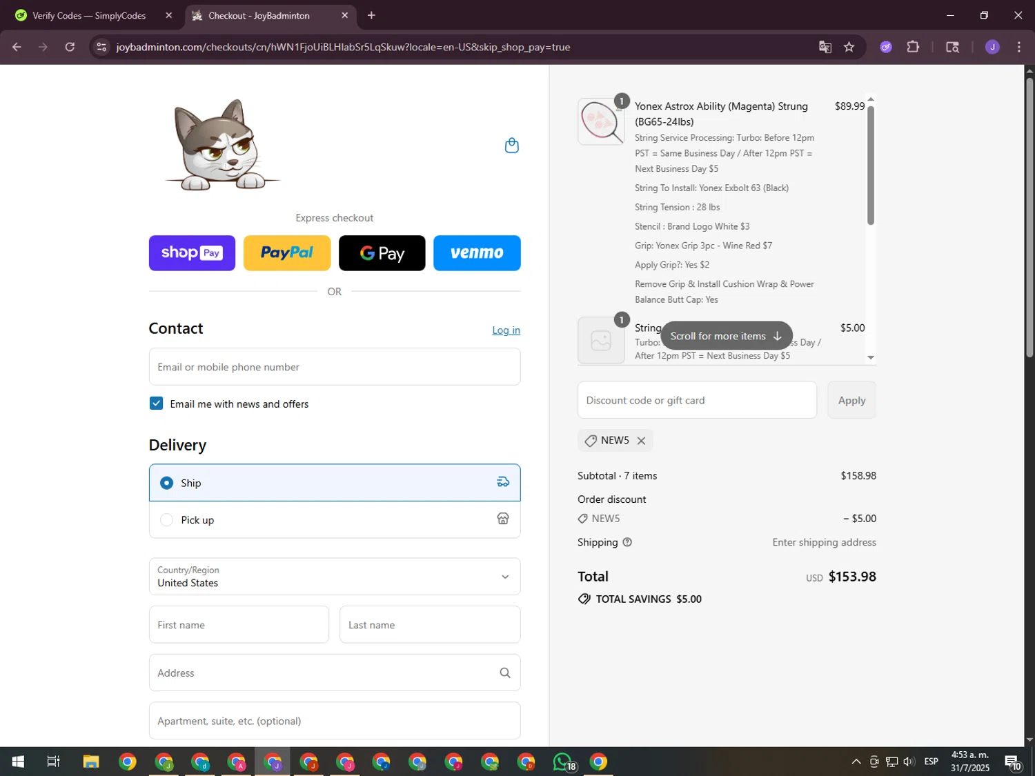 Joy Badminton discount code screenshot showing code new5 applied at Joy Badminton checkout page. Uploaded by SimplyCodes community member ValueHero2277 on Jul 31, 2025