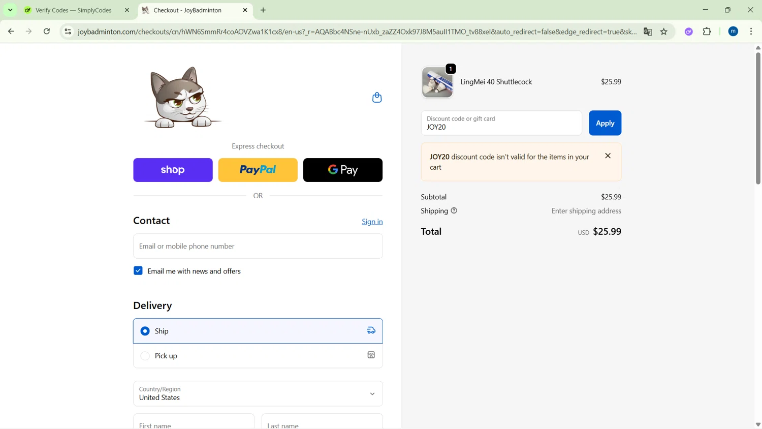 Joy Badminton discount code screenshot showing code JOY20 applied at Joy Badminton checkout page. Uploaded by SimplyCodes community member GloriousSpotter8024 on Dec 15, 2025