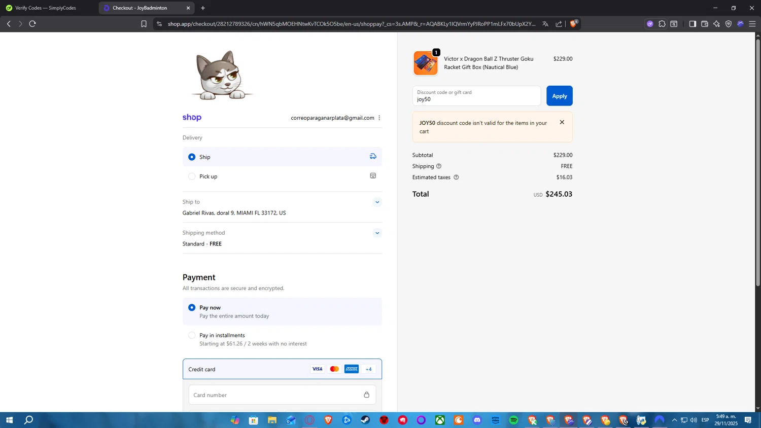 Joy Badminton discount code screenshot showing code joy50 applied at Joy Badminton checkout page. Uploaded by SimplyCodes community member Nekiro on Nov 29, 2025