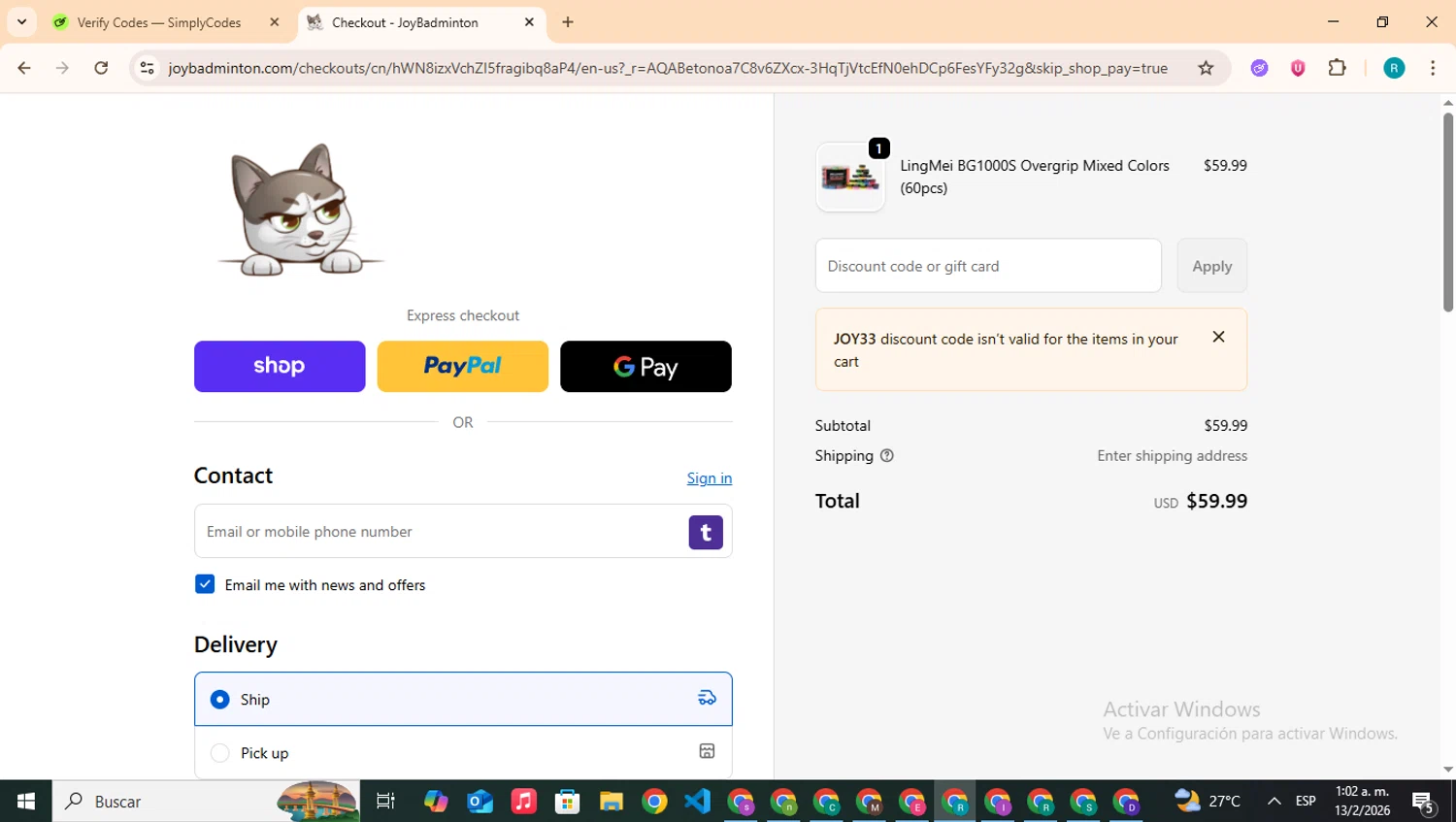 Joy Badminton checkout page showing Joy Badminton discount code box | Screenshot taken by SimplyCodes community member on Feb 13, 2026