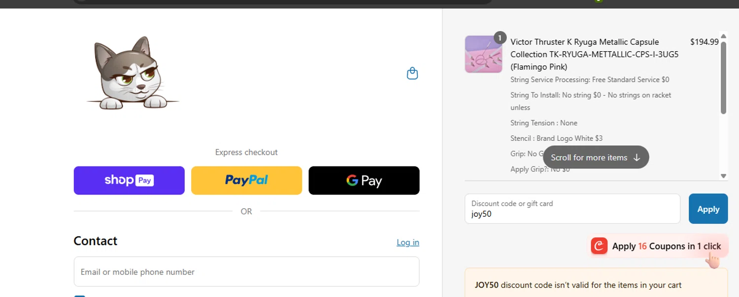 Joy Badminton discount code screenshot showing code joy50 applied at Joy Badminton checkout page. Uploaded by SimplyCodes community member ashe1986 on May 21, 2025