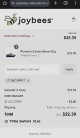 Joybees Footwear coupon verification screenshot