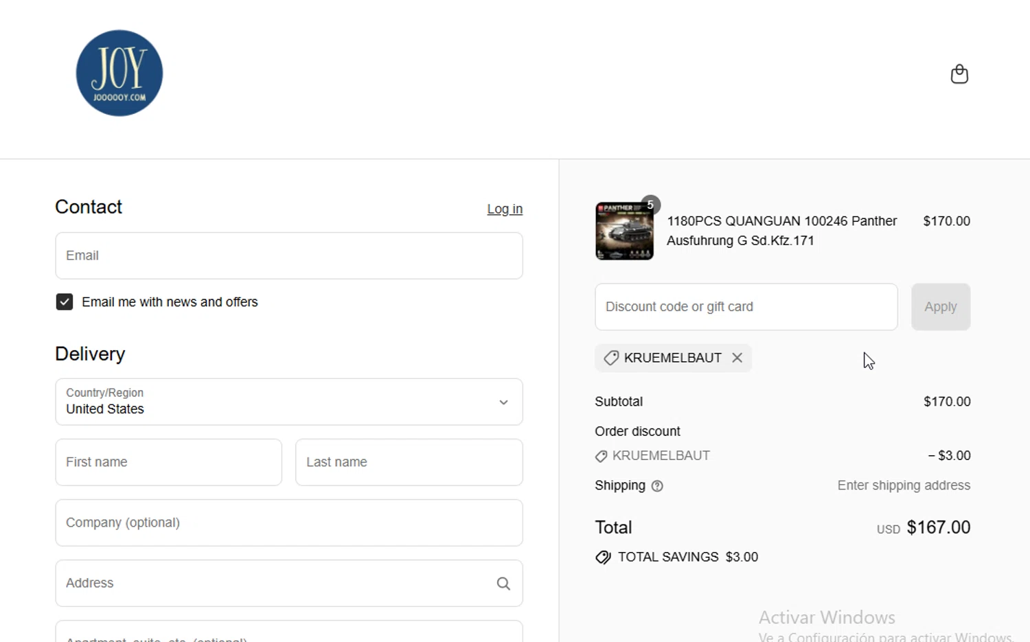 JOY Bricks discount code screenshot showing code KRUEMELBAUT applied at JOY Bricks checkout page. Uploaded by SimplyCodes community member VictoriousElite9587 on Jul 11, 2025