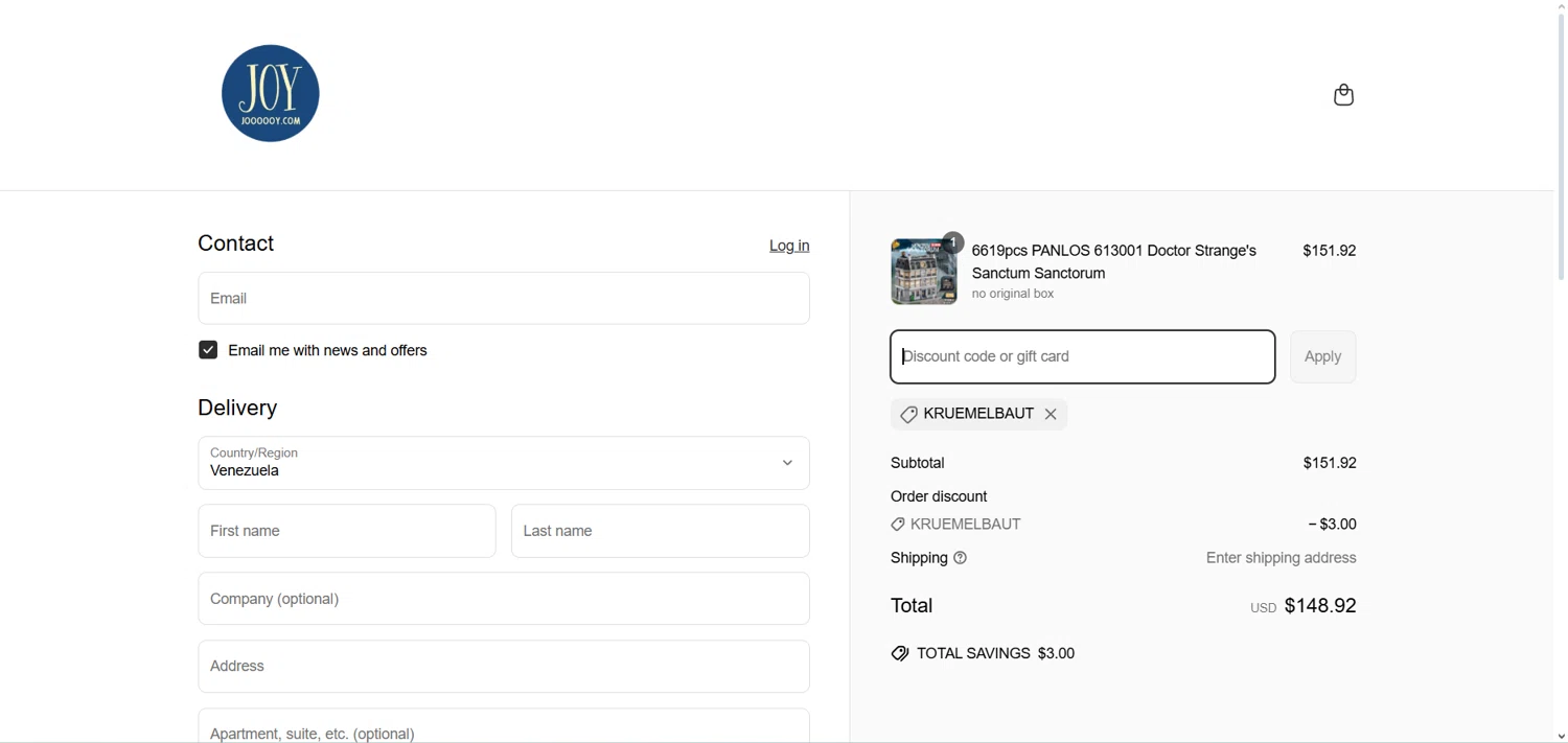 JOY Bricks discount code screenshot showing code KRUEMELBAUT applied at JOY Bricks checkout page. Uploaded by SimplyCodes community member comepingas on Apr 20, 2025