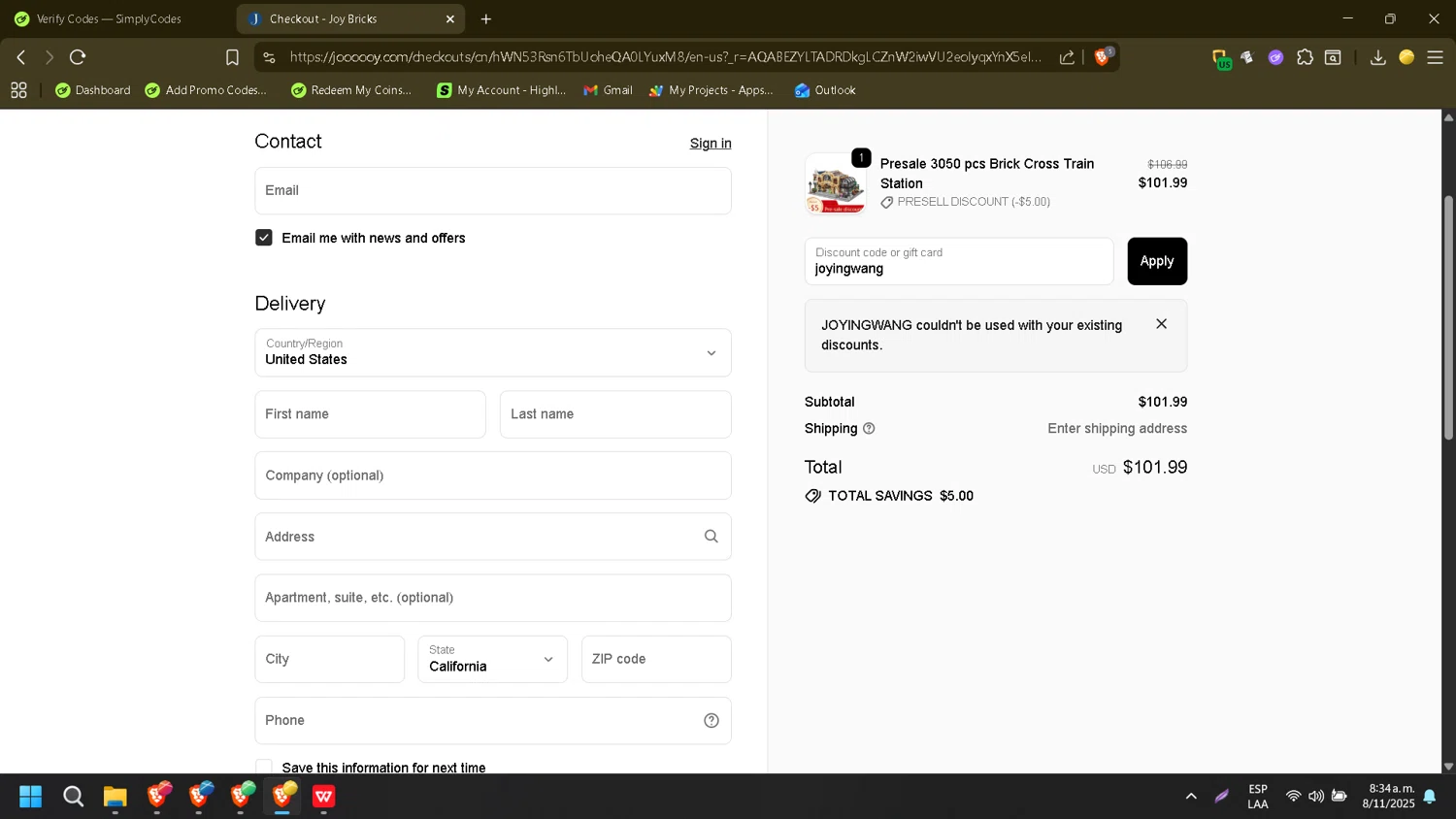 JOY Bricks discount code screenshot showing code joyingwang applied at JOY Bricks checkout page. Uploaded by SimplyCodes community member CleverMonarch8868 on Nov 8, 2025