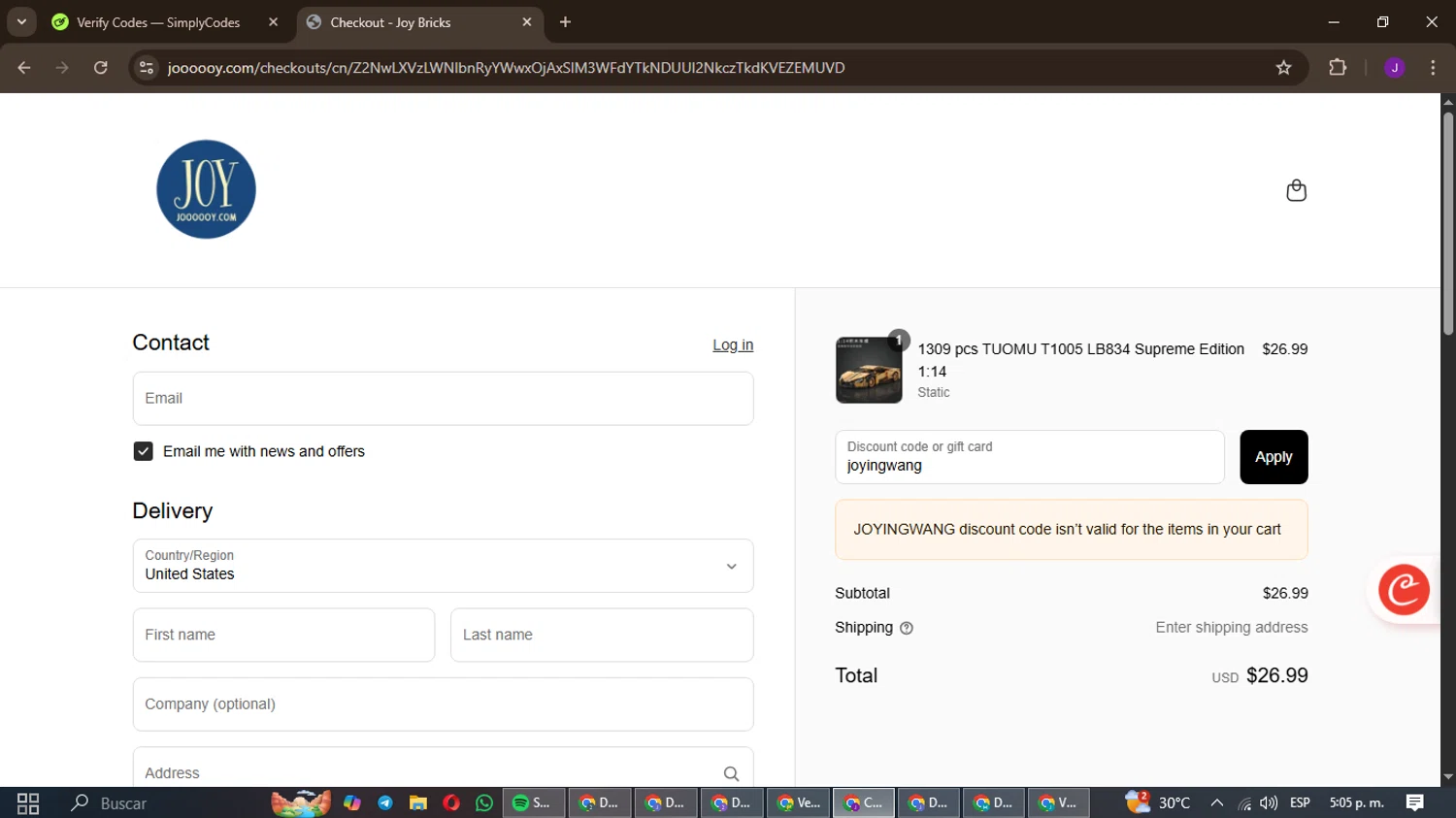 JOY Bricks discount code screenshot showing code joyingwang applied at JOY Bricks checkout page. Uploaded by SimplyCodes community member jordangar on Apr 19, 2025