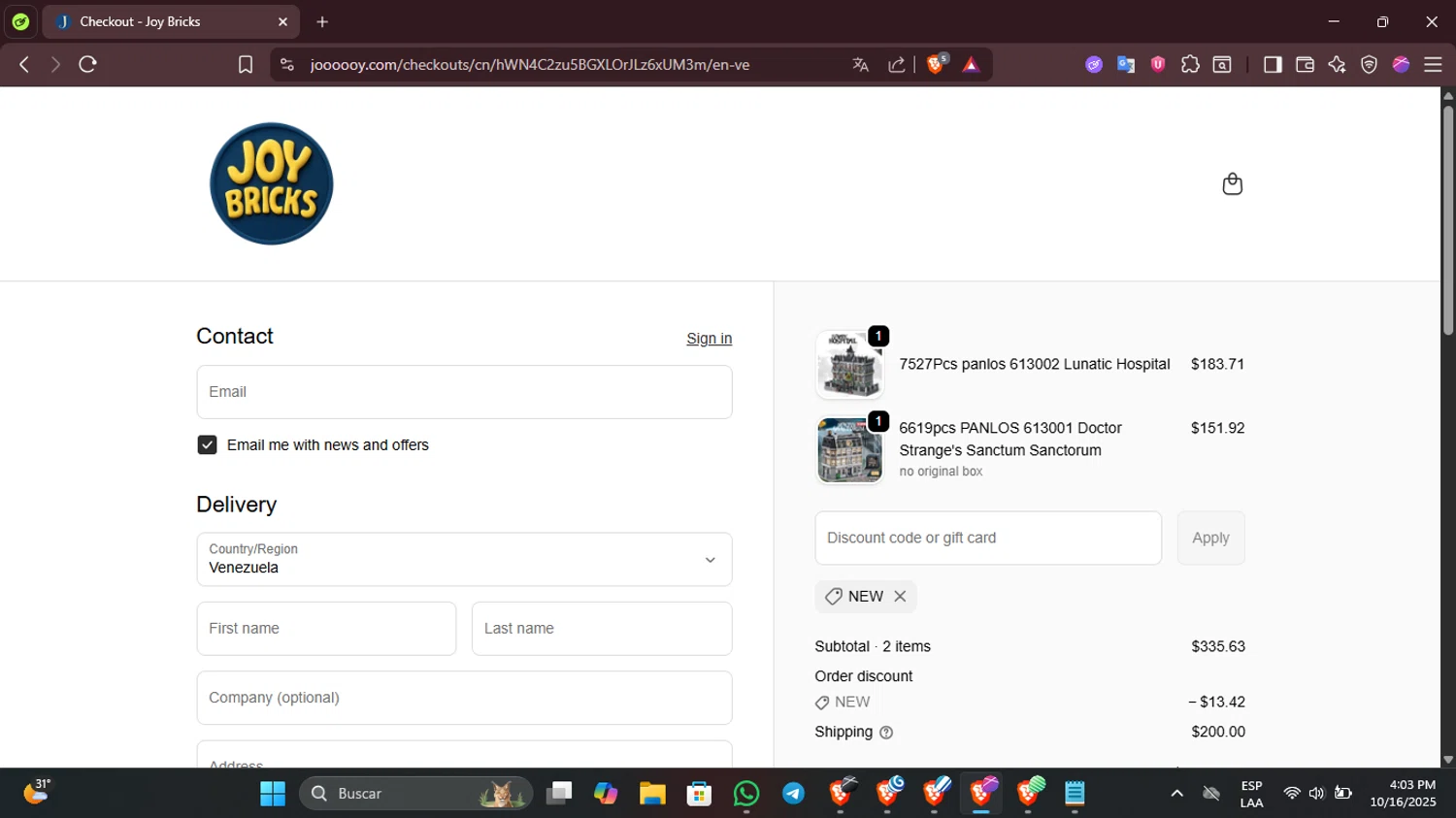 JOY Bricks discount code screenshot showing code NEW applied at JOY Bricks checkout page. Uploaded by SimplyCodes community member PennyMaverick9741 on Oct 16, 2025