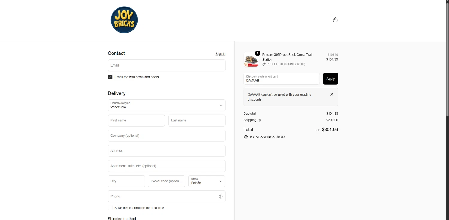 JOY Bricks discount code screenshot showing code DAVAAB applied at JOY Bricks checkout page. Uploaded by SimplyCodes community member SavingsPioneer4533 on Oct 28, 2025