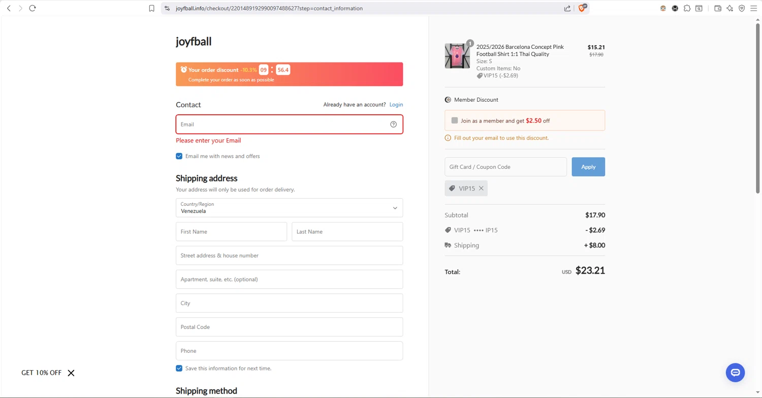 Joyfball checkout page showing Joyfball promo code box | Screenshot taken by SimplyCodes community member on Jan 30, 2026