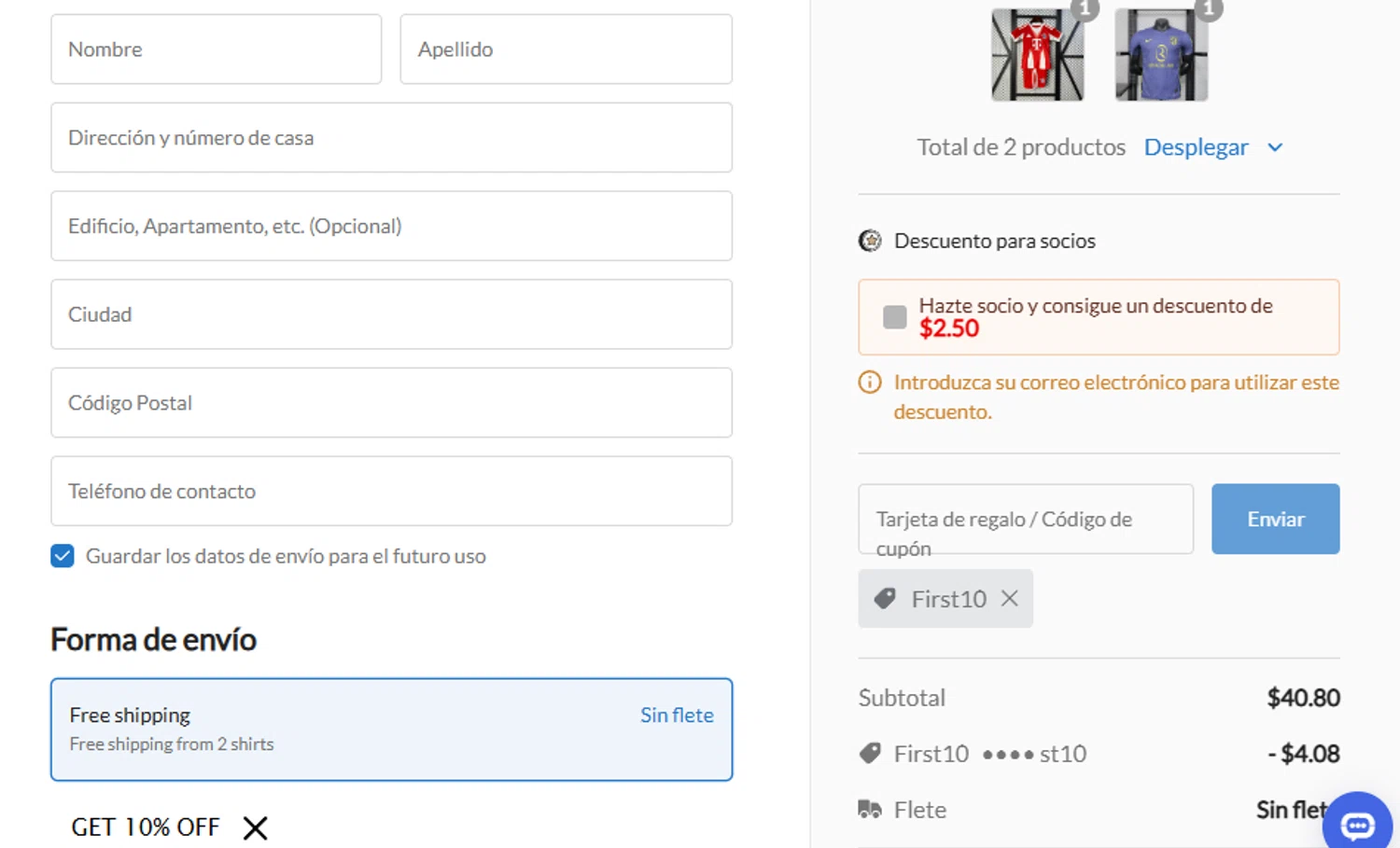 Joyfball promo code screenshot showing code First10 applied at Joyfball checkout page. Uploaded by SimplyCodes community member ashe1986 on Nov 19, 2025