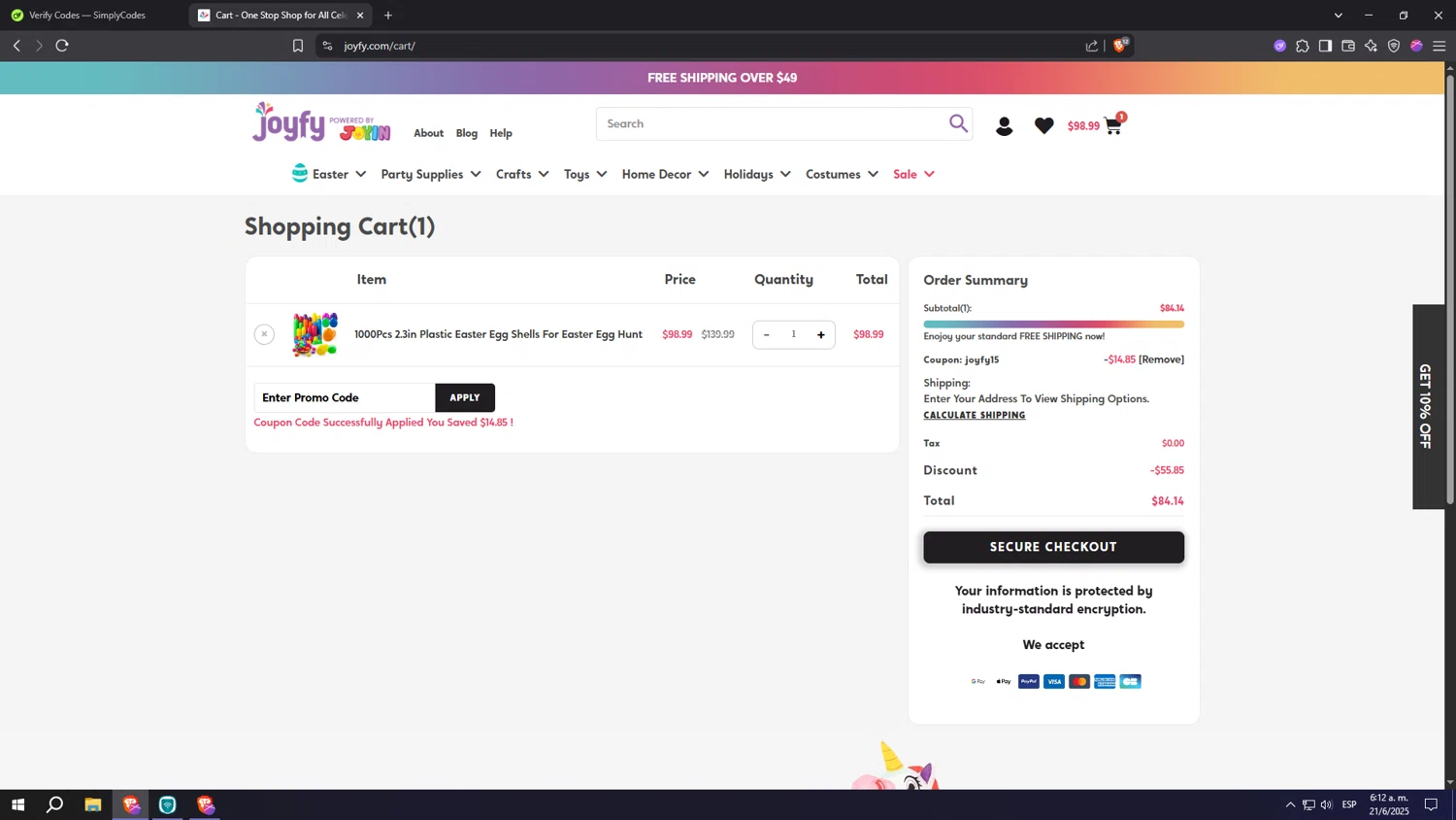 Joyfy promo code screenshot showing code JOYFY15 applied at Joyfy checkout page. Uploaded by SimplyCodes community member Machi005 on Jun 21, 2025